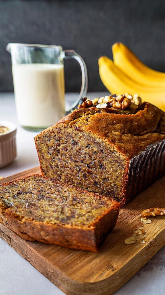 Freshly baked banana bread with nuts on a wooden board, surrounded by ripe bananas and a glass of milk.