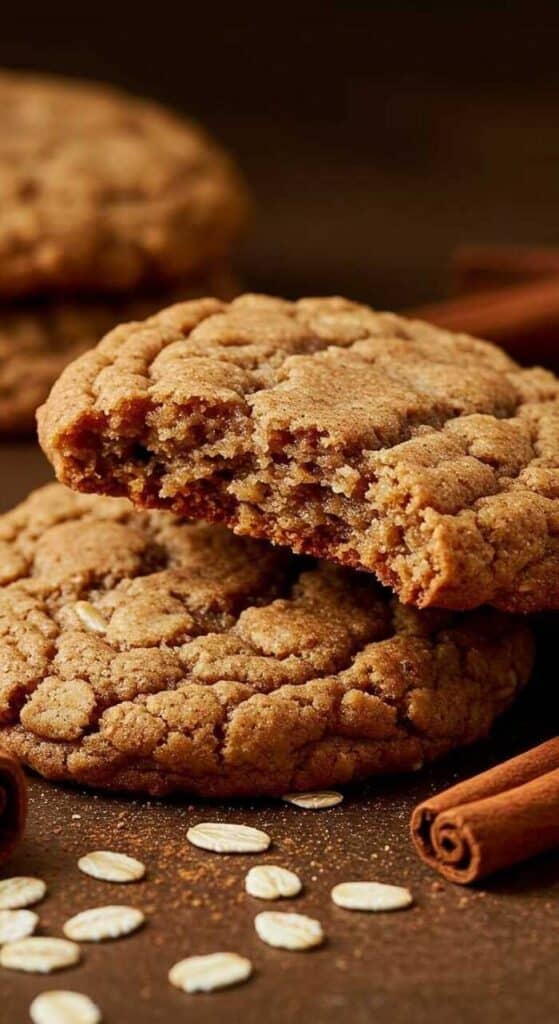 Fresh oatmeal cookies with a bite, surrounded by oats and cinnamon sticks on a rustic background.