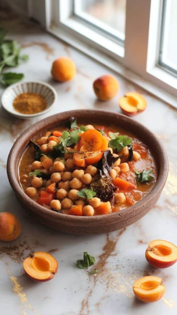 Chickpea stew with apricots, carrots, and greens in a rustic bowl by a window. Healthy and colorful vegetarian dish.