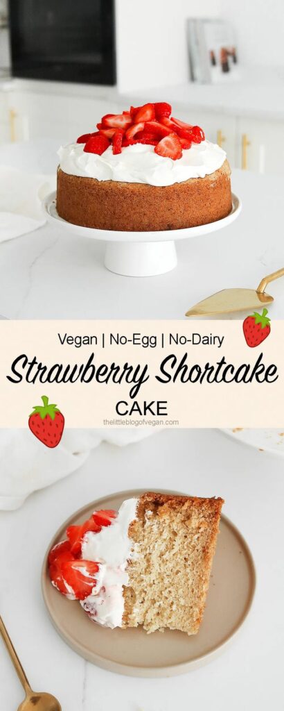 Vegan strawberry shortcake on a stand, topped with fresh strawberries and cream. No-egg, no-dairy dessert.