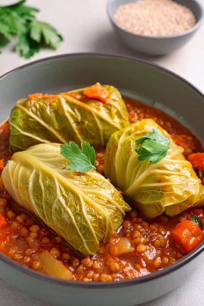 Stuffed cabbage rolls in tomato sauce garnished with parsley in a bowl, perfect for a hearty vegan meal.