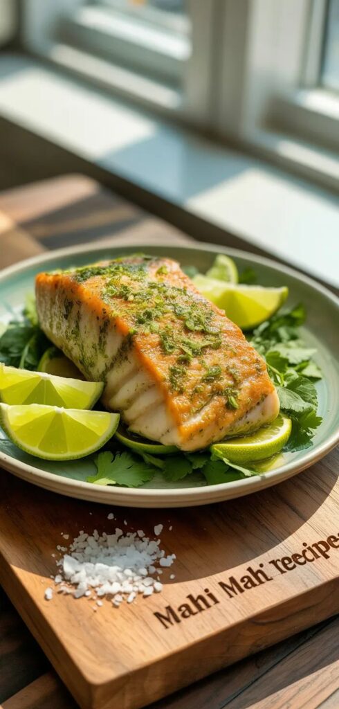Grilled Mahi Mahi with lime and herbs on a plate, perfect for summer recipes.
