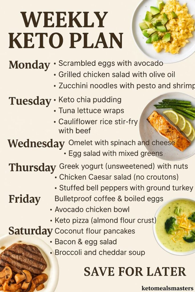 Weekly Keto Meal Plan: Daily low-carb recipes including eggs, avocado, chicken salad, and keto pizza for a balanced diet.