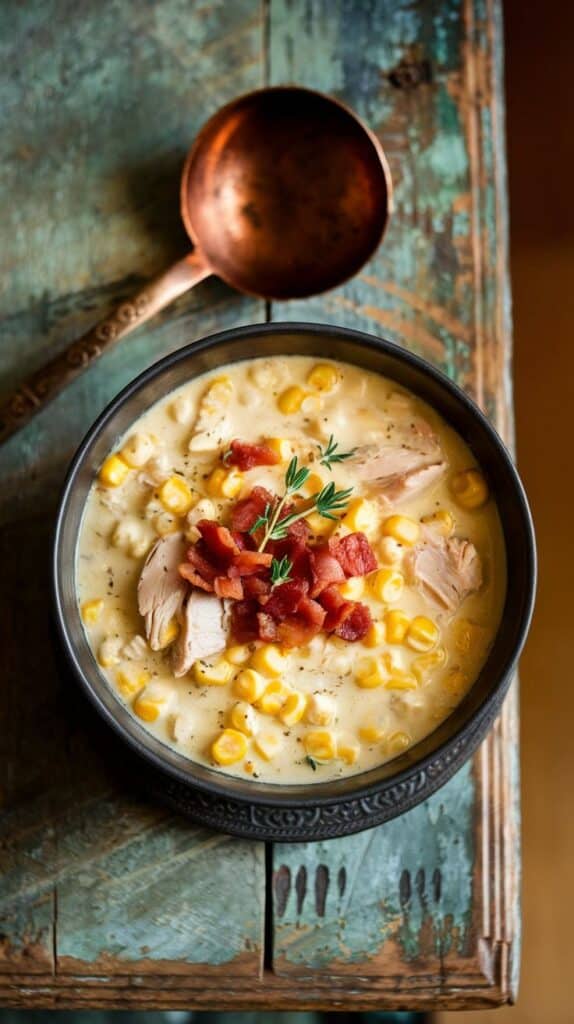 Creamy corn chowder with bacon and chicken in a bowl on rustic table, next to a copper ladle for serving.