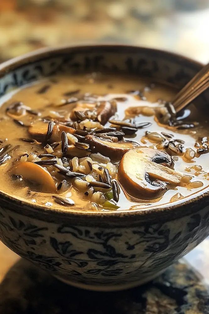 Creamy mushroom and wild rice soup served in an ornate bowl.