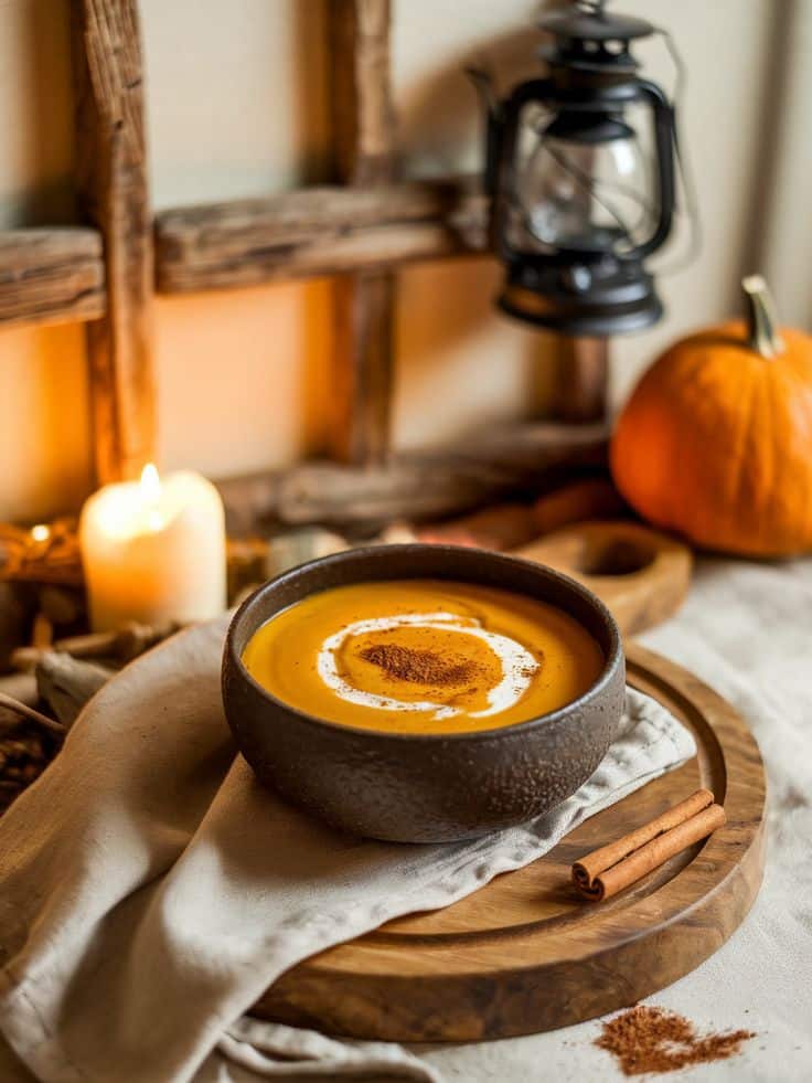 Creamy pumpkin soup in a rustic bowl with cinnamon sticks, cozy autumn ambiance with candle and lantern.