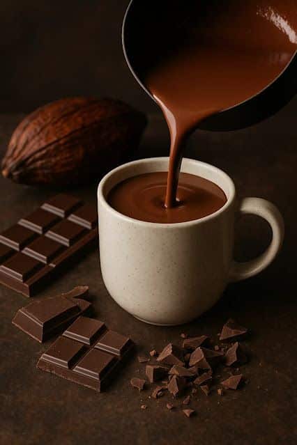 Pouring rich hot chocolate into a mug surrounded by cocoa beans and chocolate pieces on a dark background.
