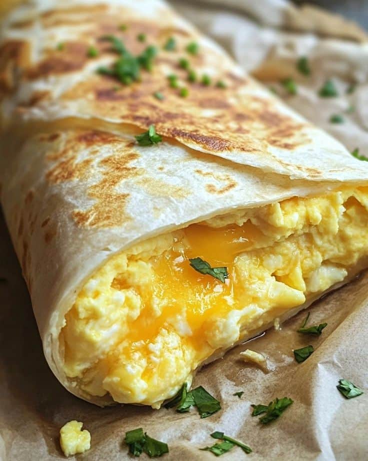 Scrambled egg and cheese breakfast burrito with fresh herbs on parchment paper.