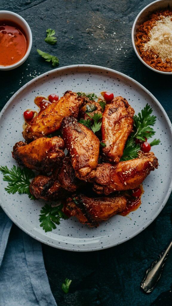 Plate of spicy chicken wings with garnish and dipping sauce on a rustic table setting.