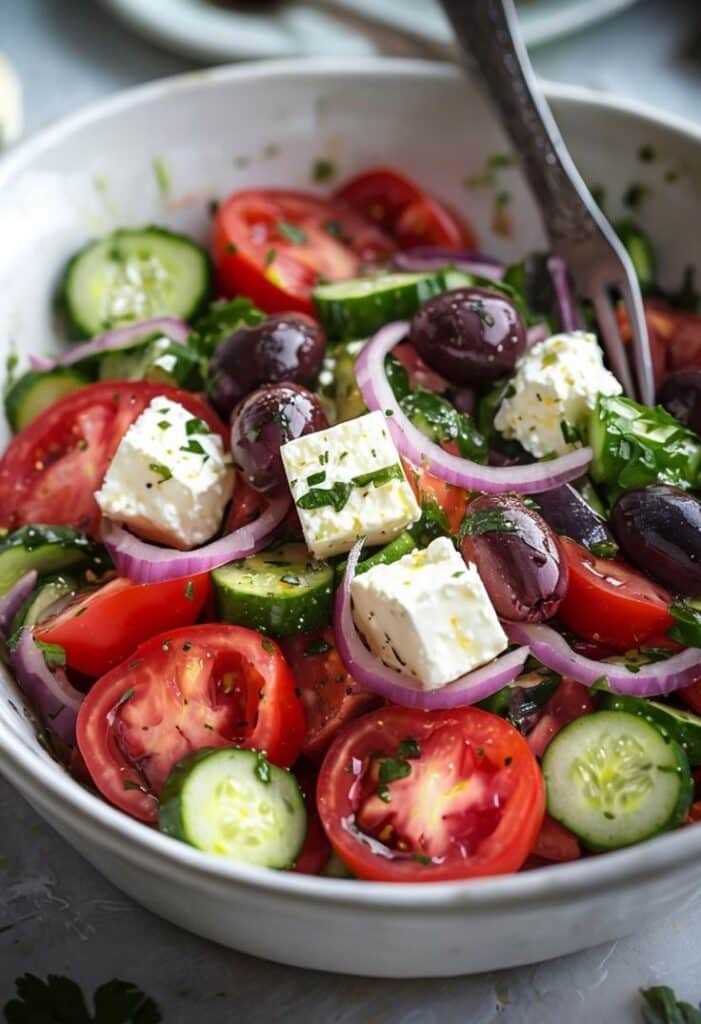 Fresh Greek salad with tomatoes, cucumbers, feta, olives, and onions in a white bowl.