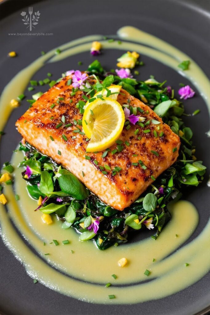 Grilled salmon with lemon garnish on a bed of greens, drizzled with sauce and edible flowers on a black plate.