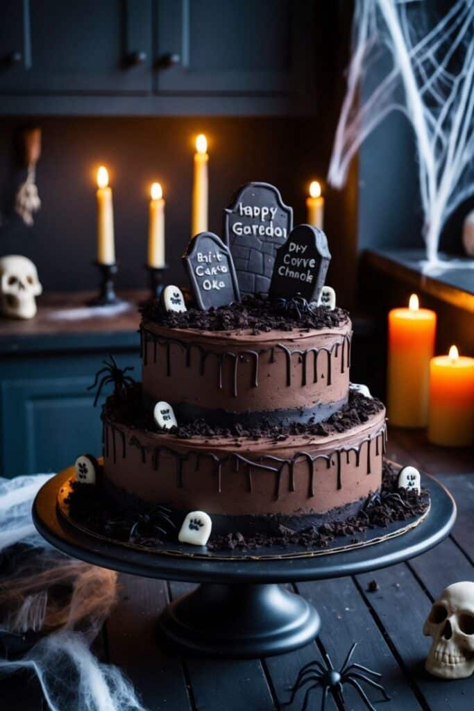 Spooky Halloween cake with chocolate frosting, tombstone decorations, and candles in a haunted-themed setting.