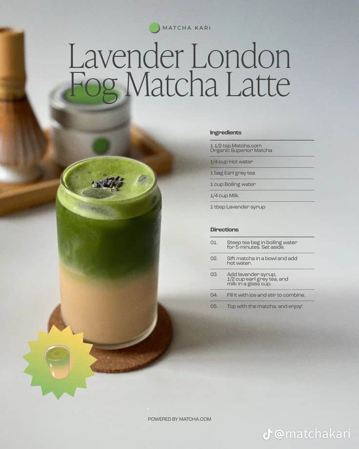 Lavender London Fog Matcha Latte with recipe ingredients and instructions on a minimalist background.