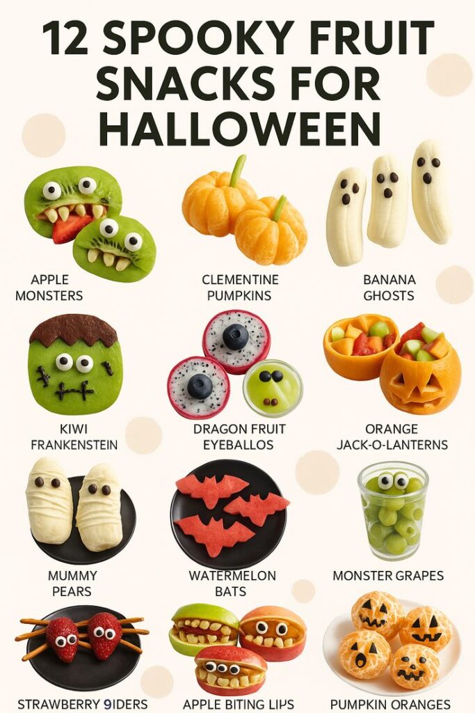 Creative Halloween fruit snacks with apple monsters, clementine pumpkins, banana ghosts, and more spooky treats.