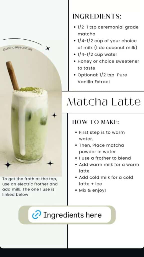 Matcha latte recipe with ingredients and steps to make a frothy drink using milk and matcha powder.