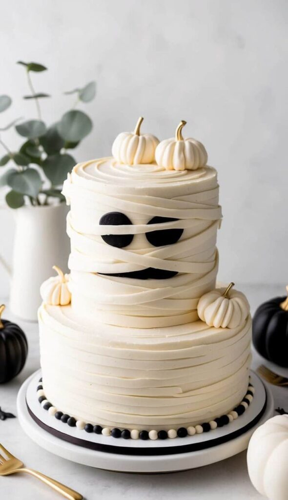 Halloween-themed cake with mummy design, white frosting, black accents, and small pumpkins on top.