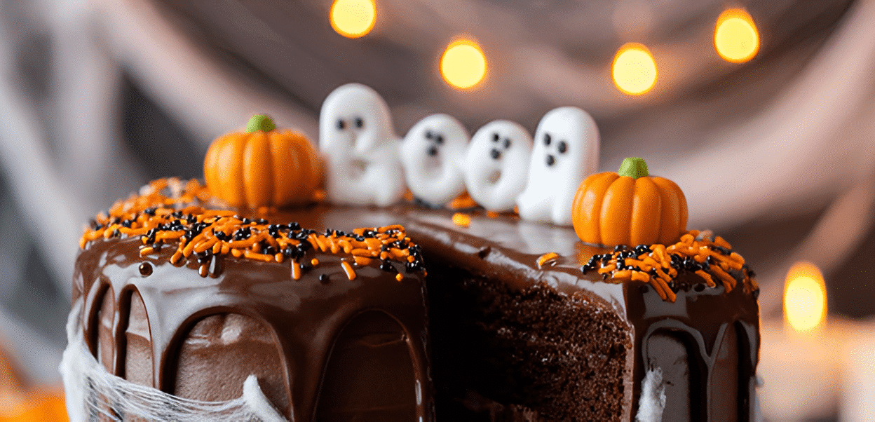 Chocolate cake with Halloween decor, pumpkins, and ghosts, in a festive setting with glowing lights.