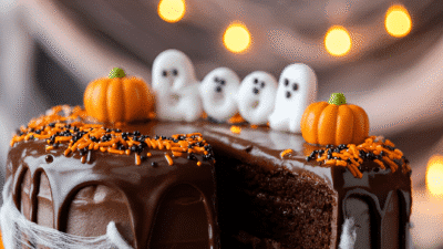 Chocolate cake with Halloween decor, pumpkins, and ghosts, in a festive setting with glowing lights.