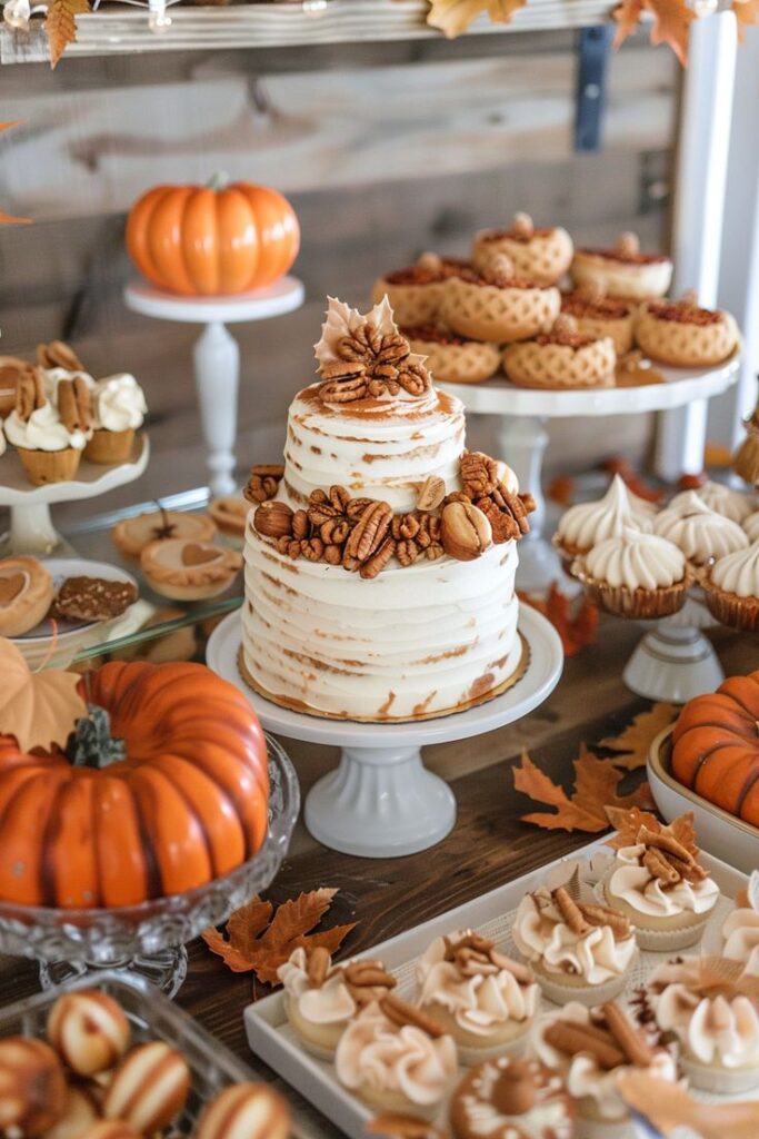 Autumn-themed dessert table with a nut-topped cake, cupcakes, and pumpkin decor, perfect for fall celebrations.