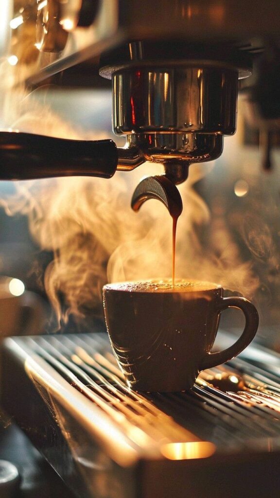 Steaming espresso pours into cup from coffee machine, creating a rich, aromatic brew. Perfect morning coffee.