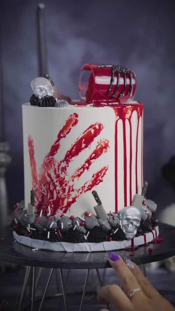 Spooky Halloween cake with blood splatter, knives, and skull decorations on a dark background.