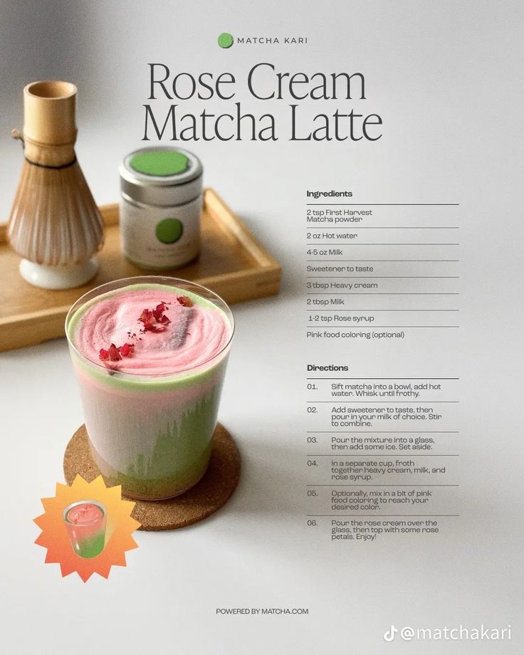 Rose Cream Matcha Latte recipe with ingredients and preparation steps, featuring vibrant pink and green layers.