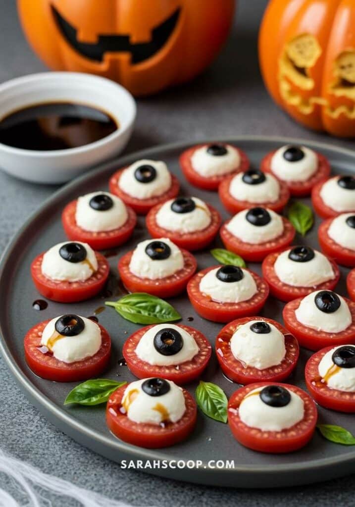 Halloween-themed tomato mozzarella eyeballs with olives, served with balsamic glaze and pumpkins in background.