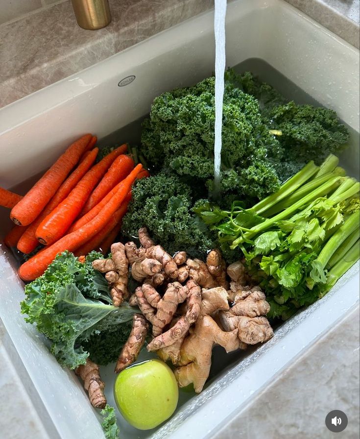 Fresh carrots, kale, ginger, celery, and apple being washed in a kitchen sink under running water.