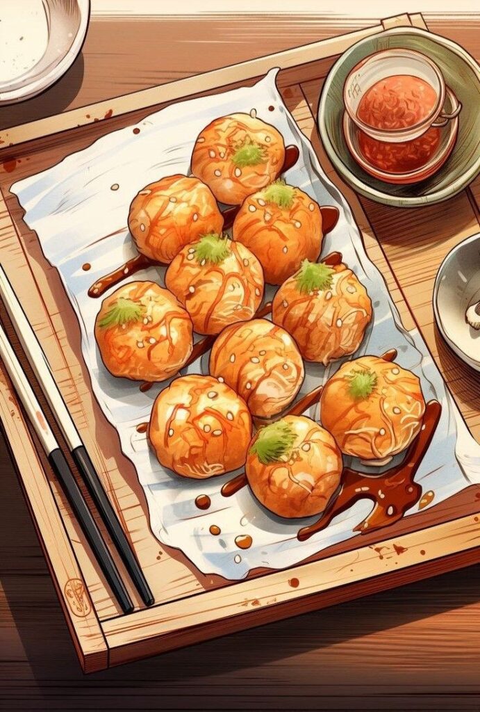 Tray of delicious takoyaki topped with sauce and green garnish, served with chopsticks and dipping sauce.