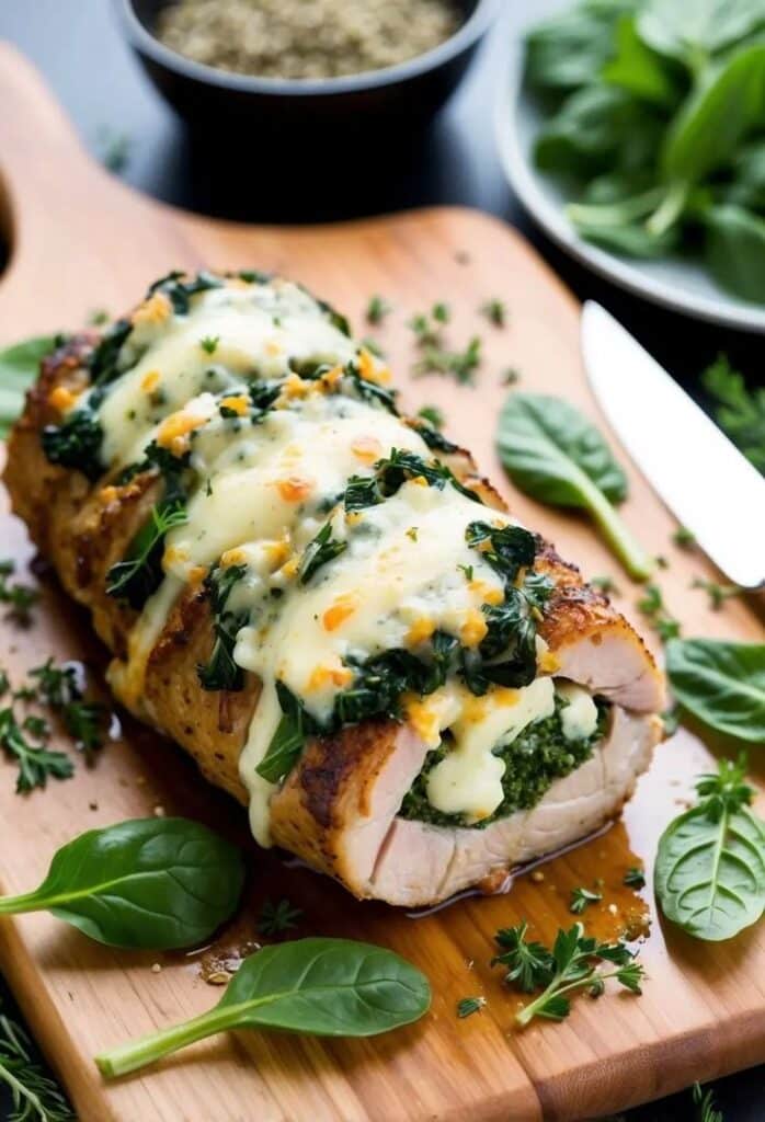 Stuffed chicken breast with cheese and spinach on a wooden board, garnished with herbs and fresh spinach leaves.