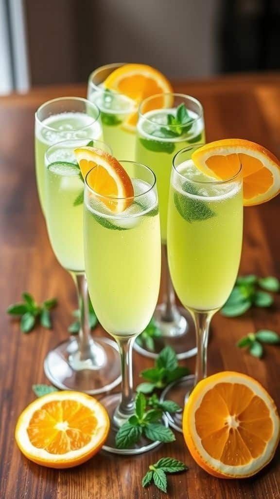 Glasses of refreshing lime cocktails with mint and orange slices on a wooden table.