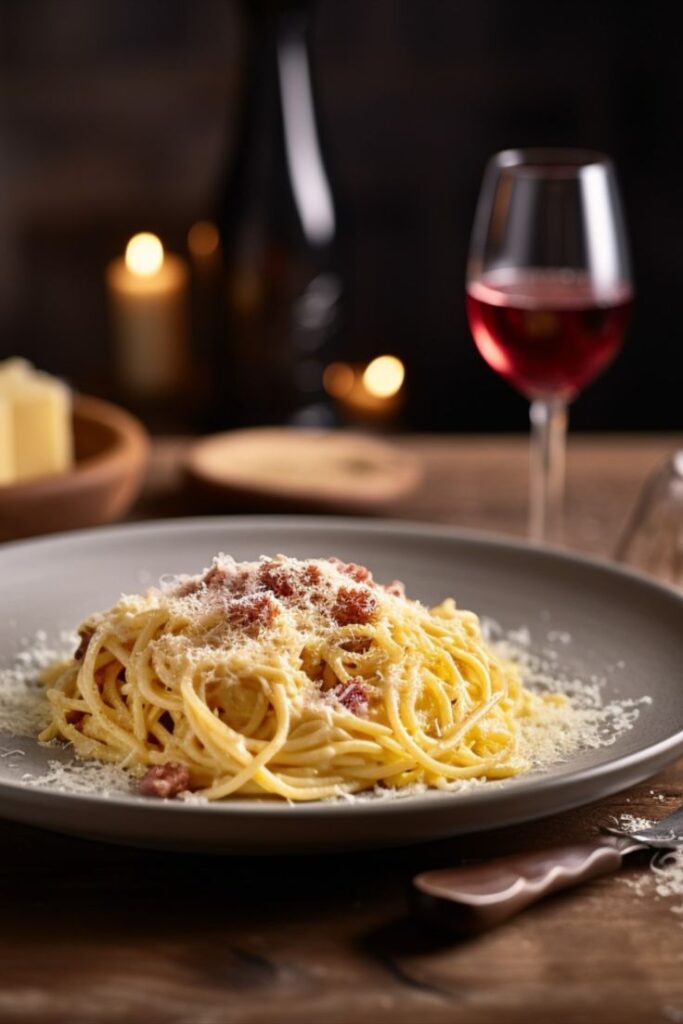Plate of creamy spaghetti carbonara topped with Parmesan and served with red wine in a cozy, candlelit setting.
