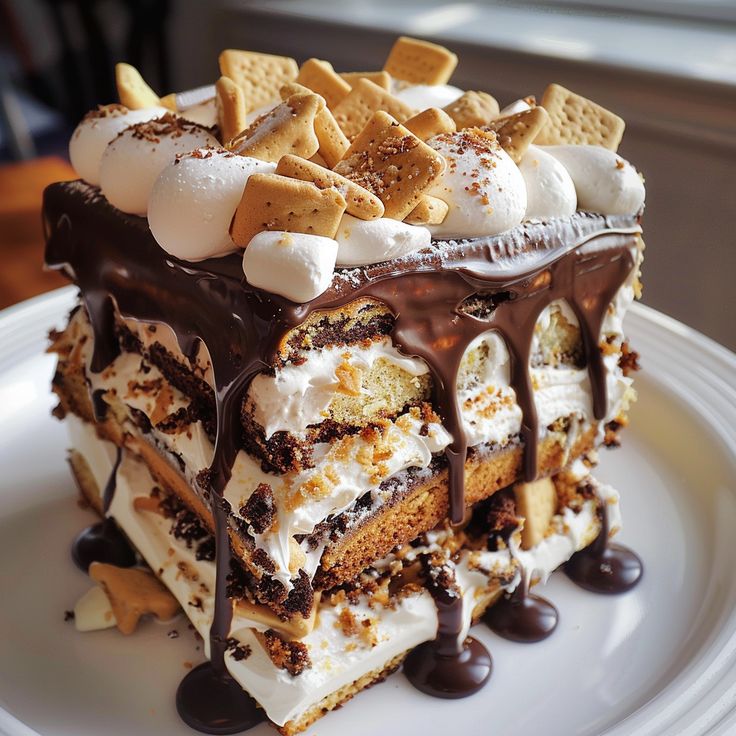 Decadent s'mores cake with chocolate drizzle, marshmallows, and graham crackers on a white plate.