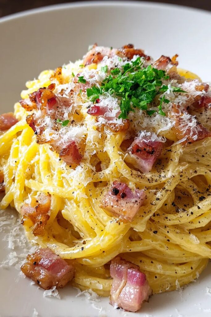 Creamy spaghetti carbonara topped with crispy pancetta, parsley, and grated cheese in a white bowl.