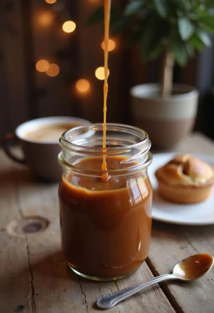 Rich caramel sauce pouring into a glass jar on a rustic table with a spoon and blurred dessert in the background.