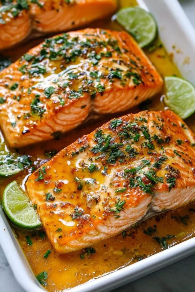 Baked salmon fillets with fresh herbs and lime slices, served in a white dish with a flavorful sauce.