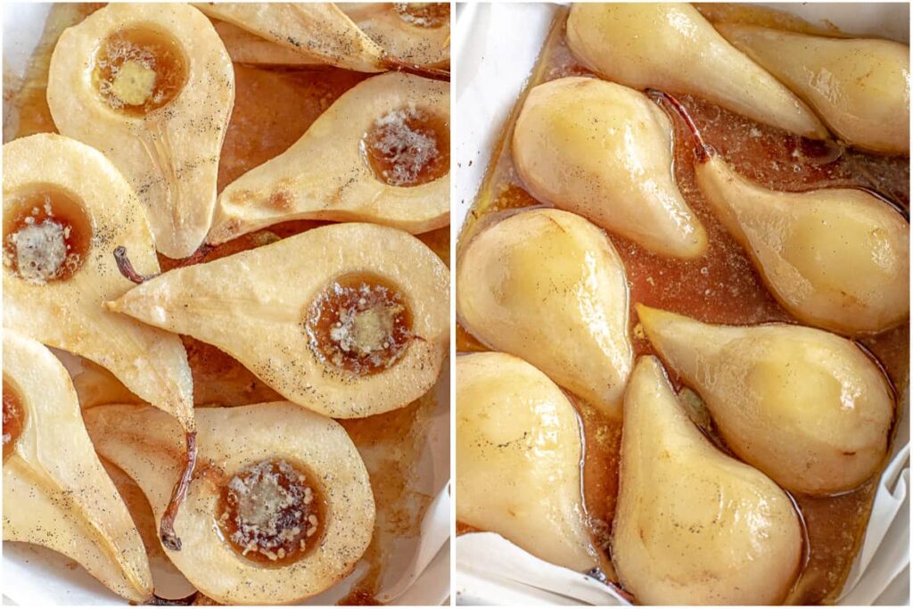 Roasted pears in syrup with spices and butter, showcasing a delicious dessert recipe in two stages.