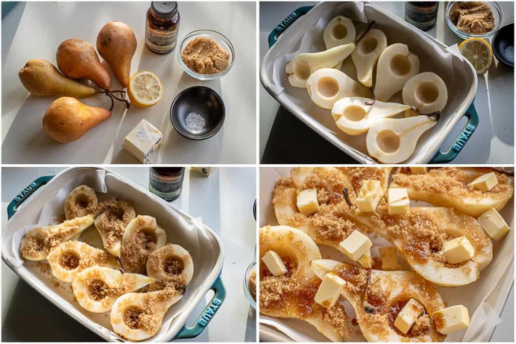 Sliced pears with brown sugar and butter in a baking dish, prepped for roasting. Ingredients include vanilla and lemon.