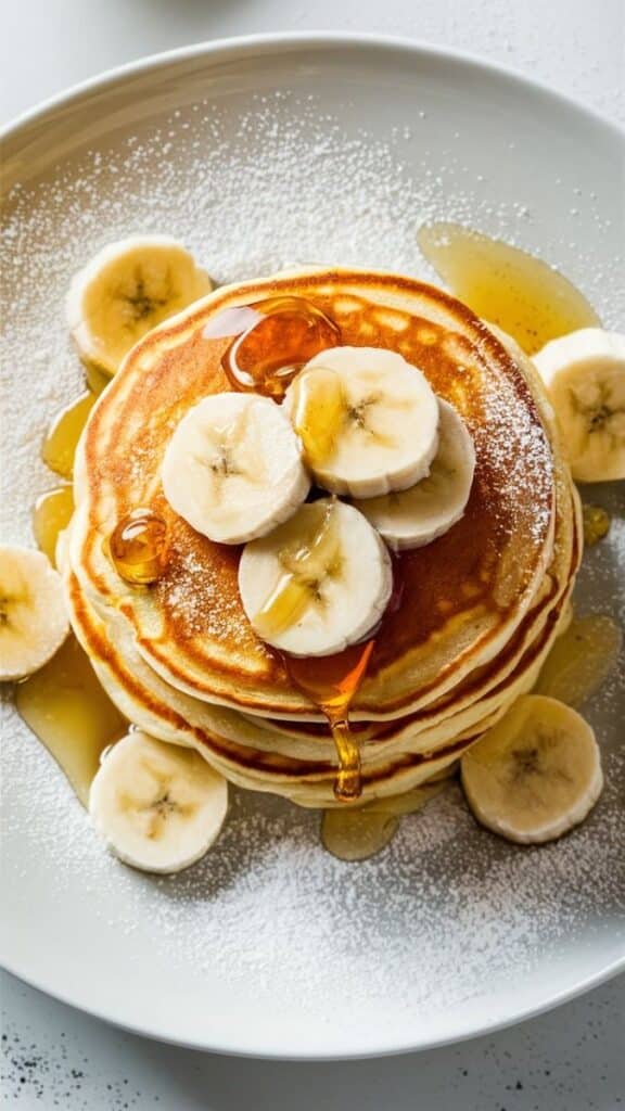 Stack of fluffy pancakes topped with banana slices and syrup on a white plate.