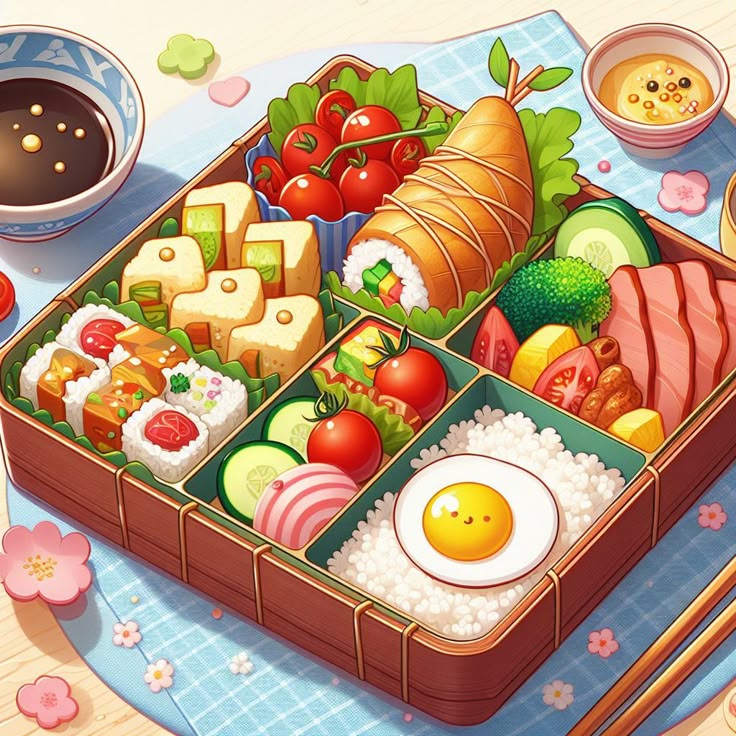 Colorful bento box featuring sushi, veggies, rice, and a cute egg face on a blue cloth, perfect for a cute lunch.
