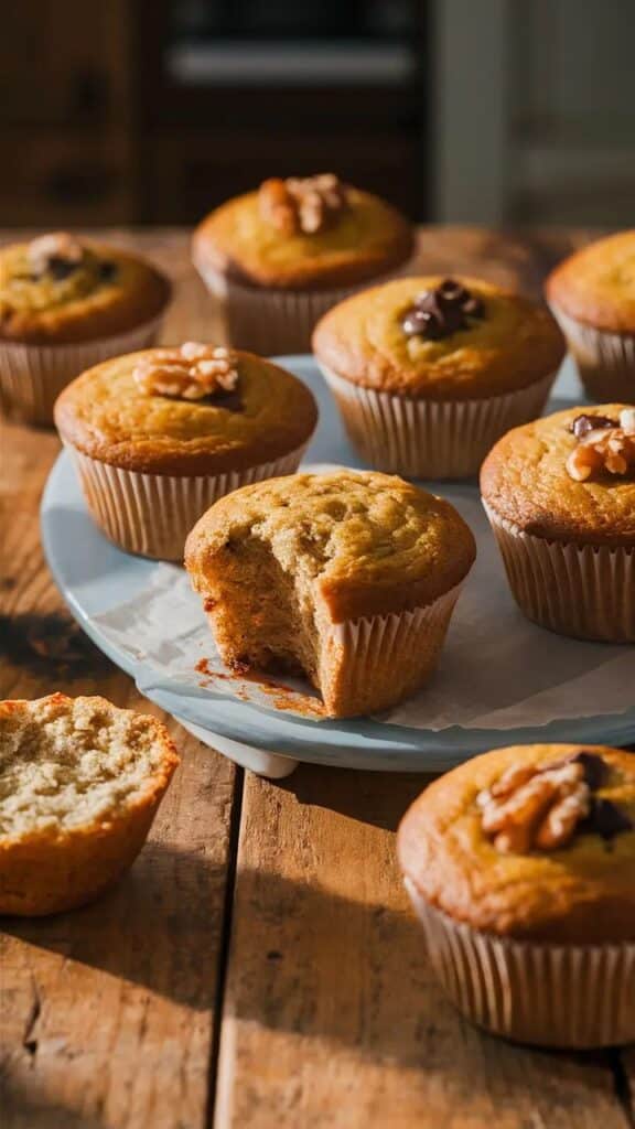 Freshly baked muffins topped with nuts on a wooden table, one with a bite taken out, displayed on a blue plate.
