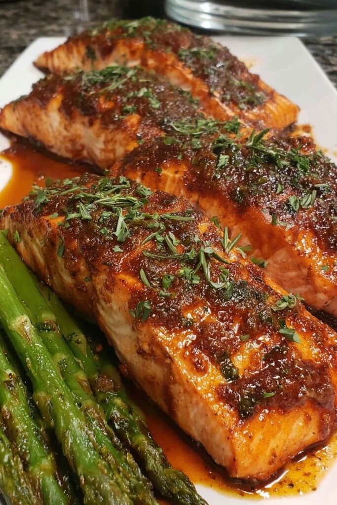 Grilled salmon fillets with herbs served alongside roasted asparagus on a white plate.