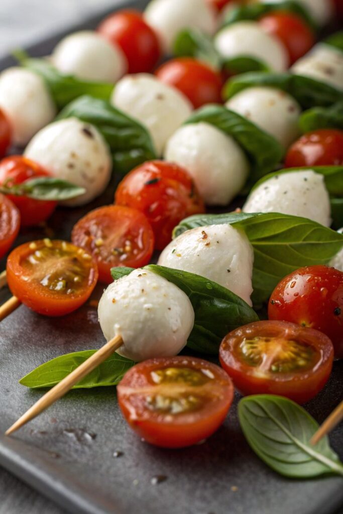 Caprese Salad Skewers - 10 Crowd-Pleasing Appetizers That Will Wow Your Party | Caprese skewers with fresh mozzarella, cherry tomatoes, and basil leaves on a tray.