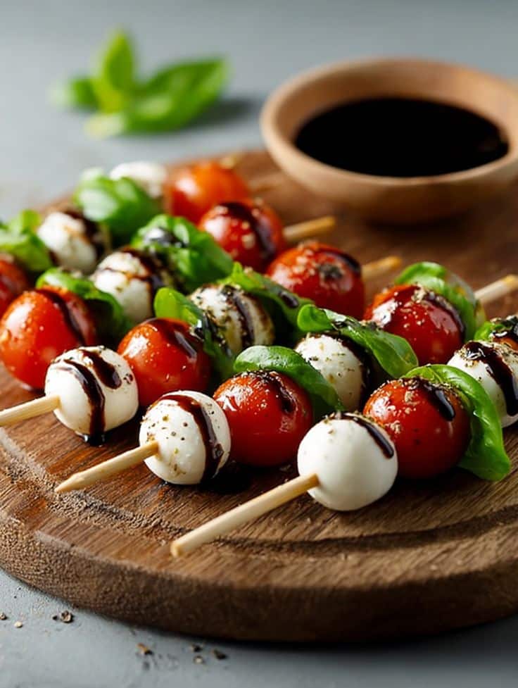 Caprese Skewers - 10 Crowd-Pleasing Appetizers That Will Wow Your Party | Caprese skewers with mozzarella, cherry tomatoes, and basil drizzled with balsamic glaze on a wooden board.