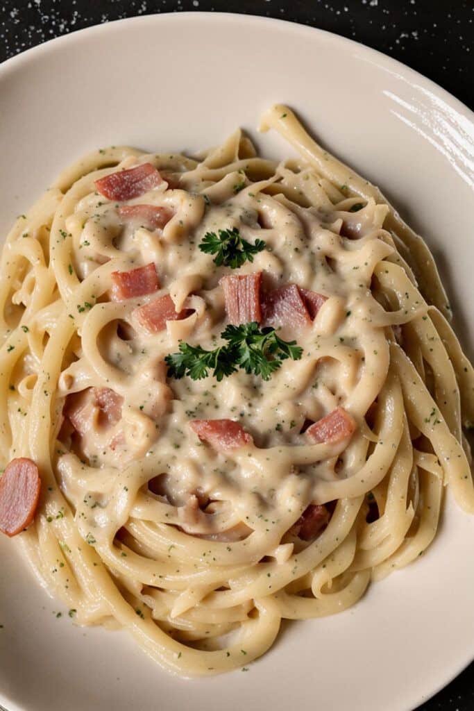 Creamy pasta carbonara with diced ham and parsley garnish on white plate.