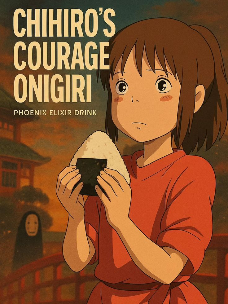 Anime character holding onigiri in a mystical setting with text Chihiro's Courage Onigiri, Phoenix Elixir Drink.