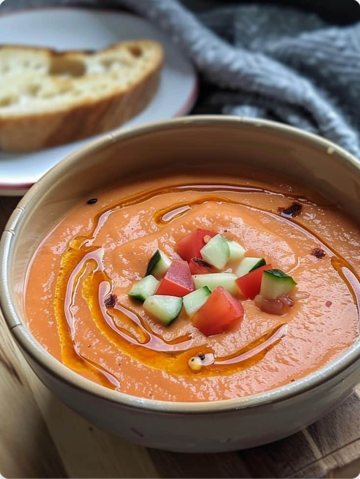 Creamy gazpacho soup topped with diced cucumber and tomato, drizzled with olive oil. Bread slice in the background.