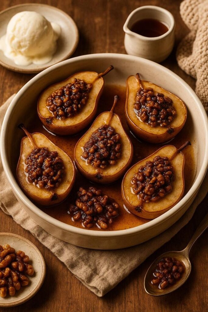 Baked pears with walnut filling in a bowl, served with ice cream on a rustic table.