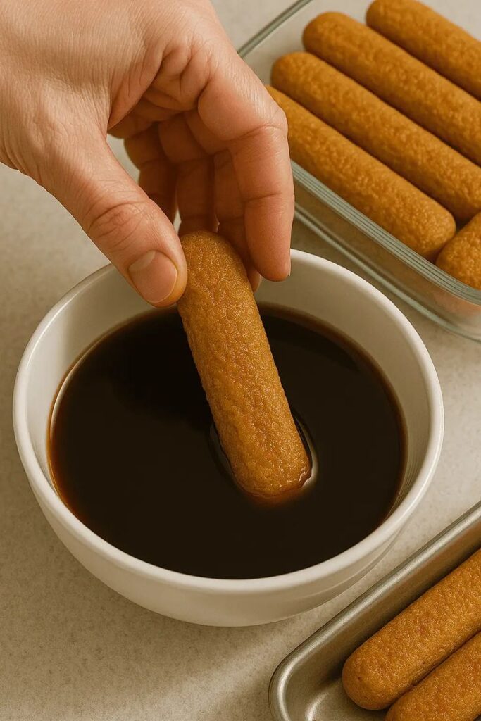 Hand dipping ladyfinger into coffee, ideal for tiramisu preparation, with tray of cookies in the background.