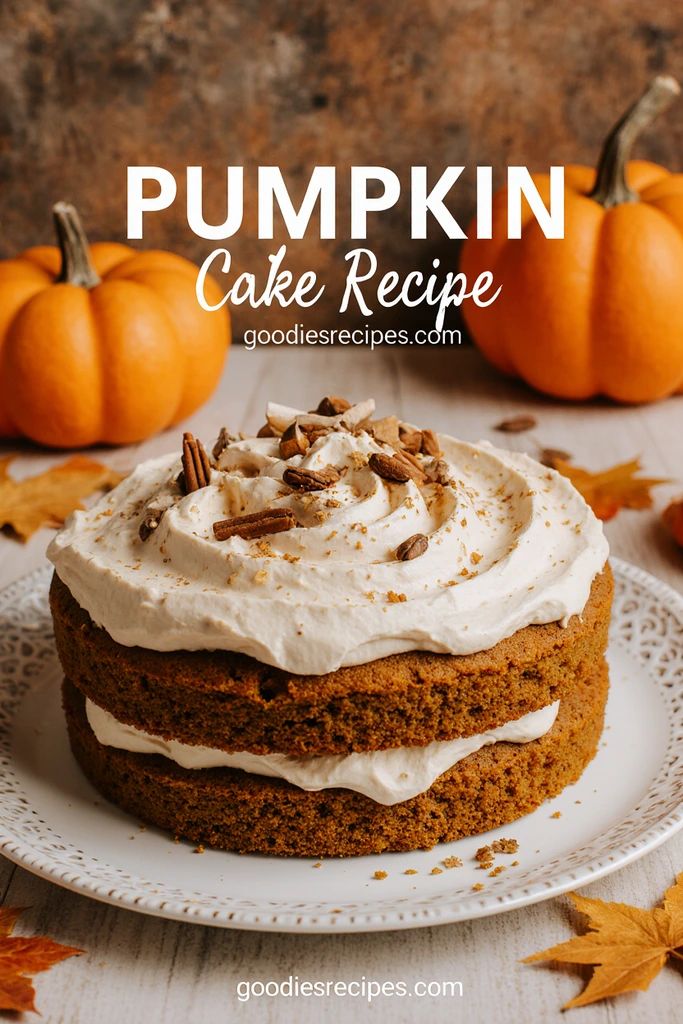 Pumpkin cake with creamy frosting on a plate, surrounded by pumpkins and autumn leaves. Recipe at goodiesrecipes.com.